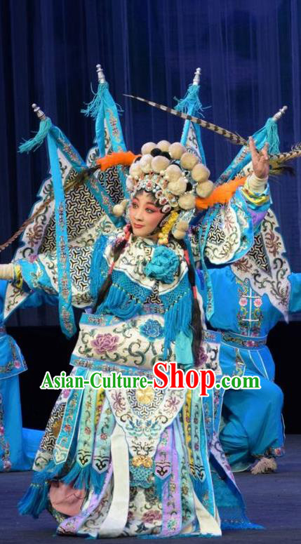 Chinese Jin Opera Martial Female Garment Costumes and Headdress Mu Guiying Command Traditional Shanxi Opera Blues Apparels Tao Ma Tan Yang Jinhua Dress with Flags
