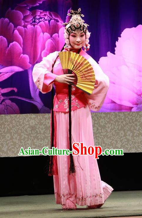 Chinese Jin Opera Xiaodan Garment Costumes and Headdress Hua Tian Wai Zhuan Traditional Shanxi Opera Young Beauty Apparels Maid Lady Chun Lan Dress