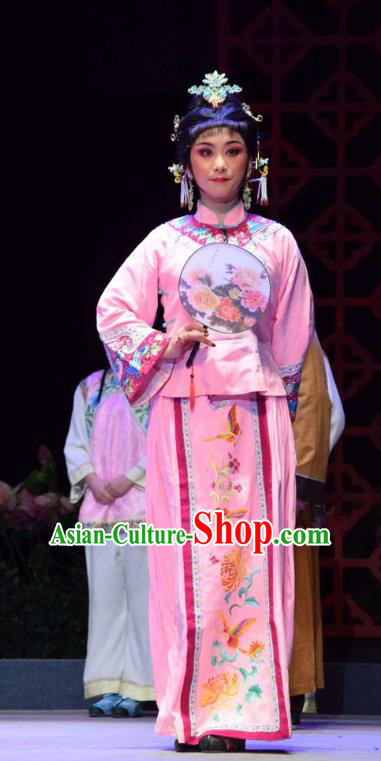 Chinese Jin Opera Rich Lady Garment Costumes and Headdress The Legend of Jin E Traditional Shanxi Opera Young Beauty Apparels Hua Tan Pink Dress