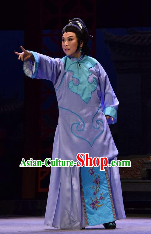 Chinese Jin Opera Elderly Female Garment Costumes and Headdress The Legend of Jin E Traditional Shanxi Opera Diva Apparels Maid Purple Dress