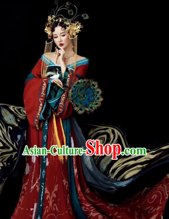 Chinese Historical Drama Ancient Fairy Princess Red Dress Traditional Hanfu Apparels Tang Dynasty Imperial Consort Replica Costumes and Headdress