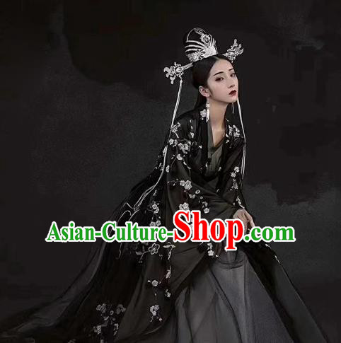 Chinese Ancient Royal Princess Black Dress Traditional Historical Drama Hanfu Apparels Han Dynasty Imperial Concubine Replica Costumes and Headdress Complete Set