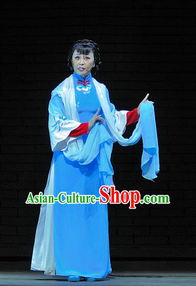 Chinese Jin Opera Hua Tan Song Lian Garment Costumes and Headdress Red Lantern Traditional Shanxi Opera Young Female Apparels Diva Blue Dress