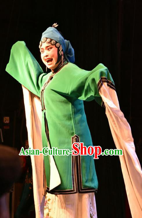 Chinese Jin Opera Young Mistress Garment Costumes and Headdress Shi Zi Jing Feng Traditional Shanxi Opera Hua Tan Apparels Actress Green Dress