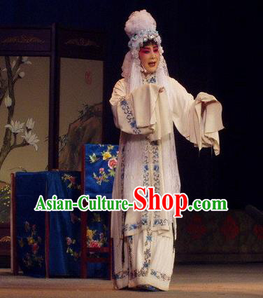 Chinese Henan Opera Distress Maiden Garment Costumes and Headdress The Romance of Hairpin Traditional Qu Opera Hua Tan Apparels Diva Qian Yulian White Dress