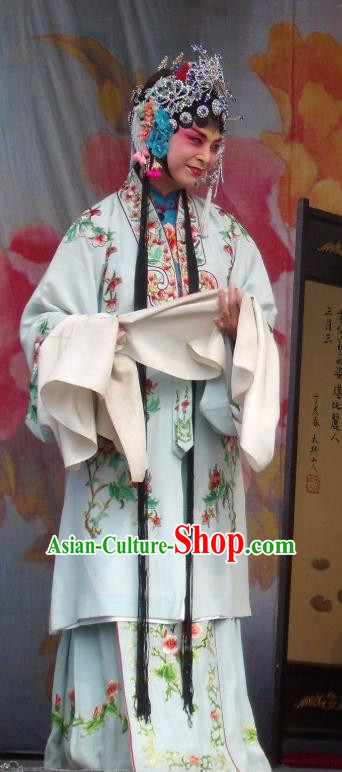 Chinese Henan Opera Hua Tan Garment Costumes and Headdress Feng Xue Pei Traditional Qu Opera Rich Lady Apparels Diva Gao Qingfang Blue Dress