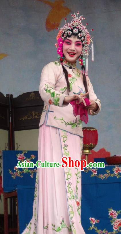 Chinese Henan Opera Hua Tan Gao Qiufang Garment Costumes and Headdress Feng Xue Pei Traditional Qu Opera Rich Lady Apparels Diva Pink Dress