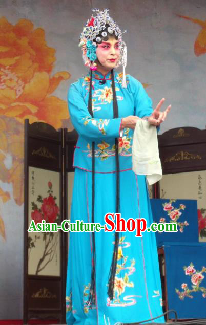 Chinese Henan Opera Young Female Gao Qiufang Garment Costumes and Headdress Feng Xue Pei Traditional Qu Opera Rich Lady Apparels Actress Blue Dress