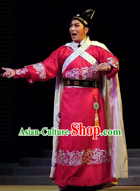 Hua Long Dian Jing Chinese Lu Opera Xiaosheng Apparels Costumes and Headpieces Traditional Shandong Opera Young Male Garment Li Shimin Red Clothing