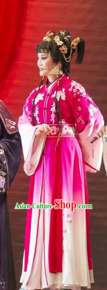 Chinese Henan Opera Young Beauty Garment Costumes and Headdress Huang Ye Hong Lou Traditional Qu Opera Hua Tan Apparels Actress Rosy Dress