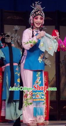 Chinese Henan Opera Maid Lady Qiu Xiang Garment Costumes and Headdress Pao Bian Jing Traditional Qu Opera Xiaodan Apparels Servant Girl Dress