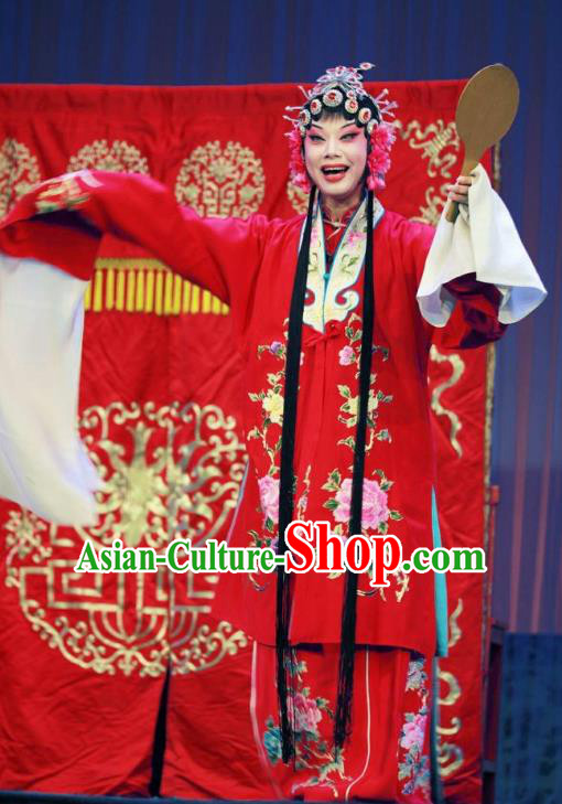 Chinese Shandong Opera Bride Garment Costumes and Headdress Zi Mei Yi Jia Traditional Lu Opera Diva Apparels Young Beauty Zhang Sumei Red Dress