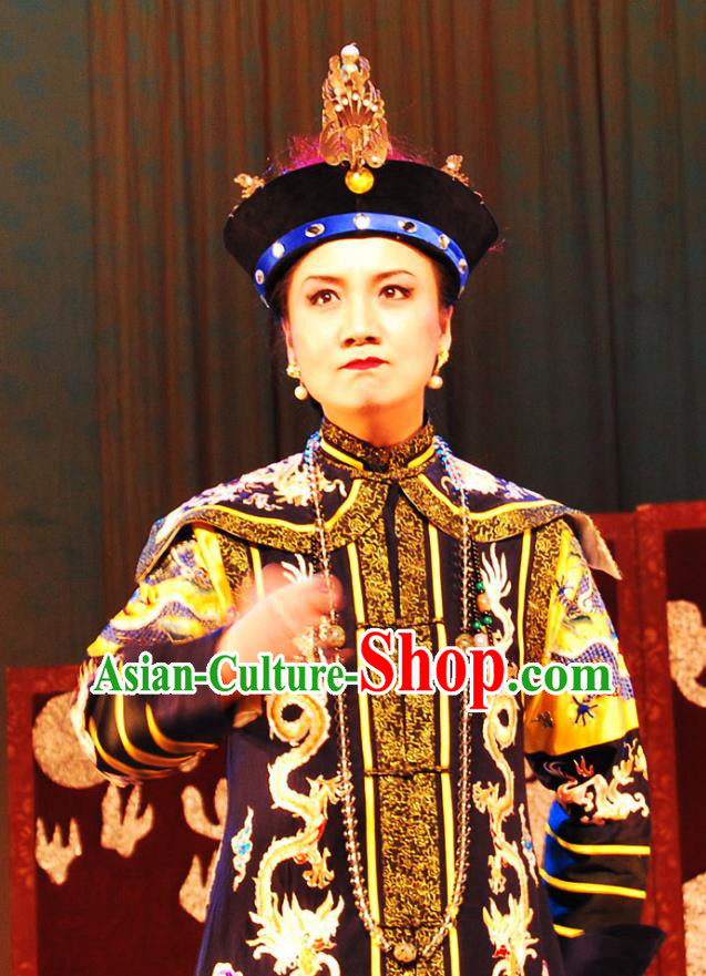 Chinese Beijing Opera Empress Garment Costumes and Headdress Shao Nian Tian Zi Traditional Qu Opera Hua Tan Apparels Qing Dynasty Queen Dress