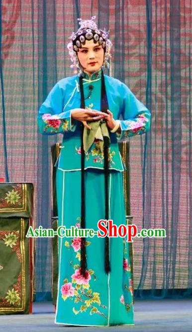 Chinese Shandong Opera Young Beauty Garment Costumes and Headdress Long Feng Mian Traditional Lu Opera Hua Tan Apparels Actress Liang Saijin Blue Dress