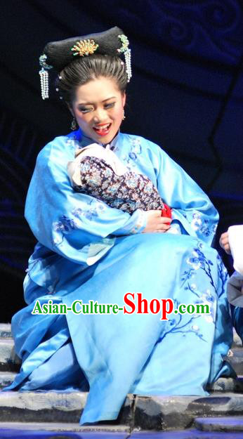 Chinese Beijing Opera Young Female Garment Costumes and Headdress Under the Red Banner Traditional Qu Opera Actress Apparels Hua Tan Blue Dress