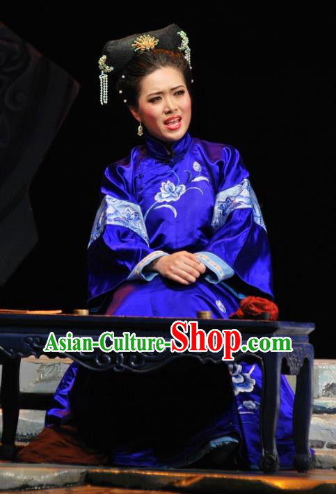 Chinese Beijing Opera Qing Dynasty Woman Garment Costumes and Headdress Under the Red Banner Traditional Qu Opera Young Mistress Apparels Blue Dress