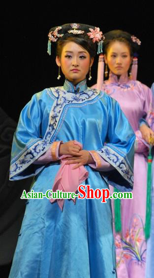 Chinese Beijing Opera Qing Dynasty Garment Costumes and Headdress Under the Red Banner Traditional Qu Opera Actress Apparels Young Female Blue Dress