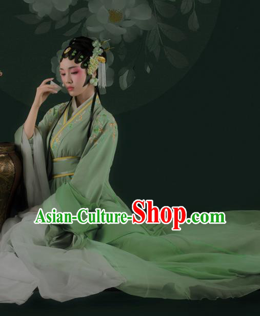 Chinese Drama Ancient Noble Female Green Dress Traditional Beijing Opera Hanfu Apparels Ming Dynasty Patrician Lady Historical Costumes and Headdress Complete Set