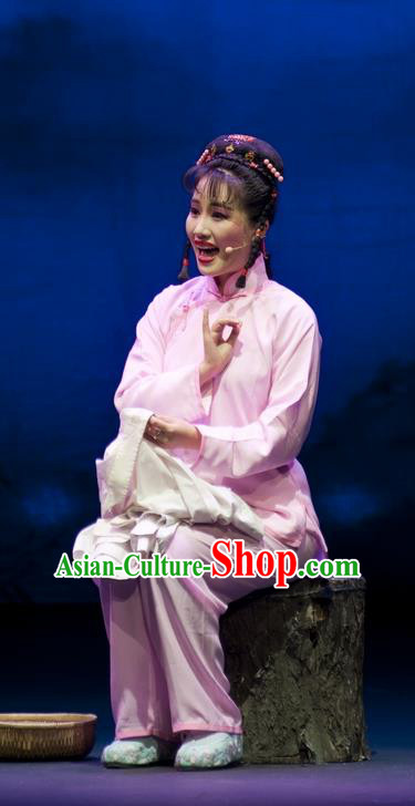 Chinese Beijing Opera Xiaodan Garment Costumes and Headdress The Snuff Bottle Traditional Qu Opera Village Girl Nie Liuniang Apparels Young Lady Pink Dress