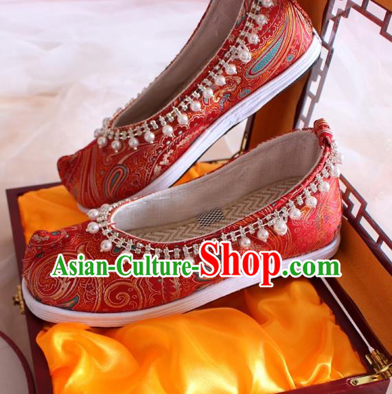 Chinese Handmade Wedding Red Satin Shoes Traditional Pearls Hanfu Shoes Women Embroidered Shoes Ancient Princess Shoes