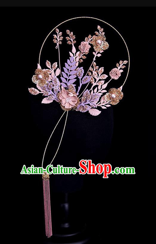 Chinese Handmade Bride Prop Traditional Flowers Hanfu Fan Ancient Wedding Round Fan Purple Leaf Palace Fan