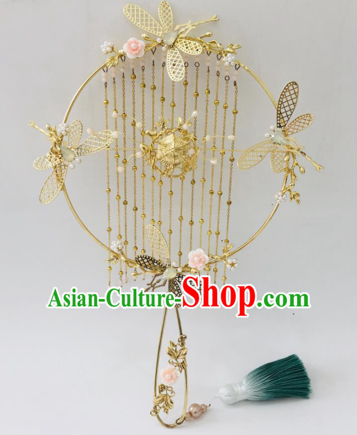 Chinese Handmade Bride Prop Traditional Golden Dragonfly Hanfu Fan Ancient Wedding Round Fan Tassel Palace Fan