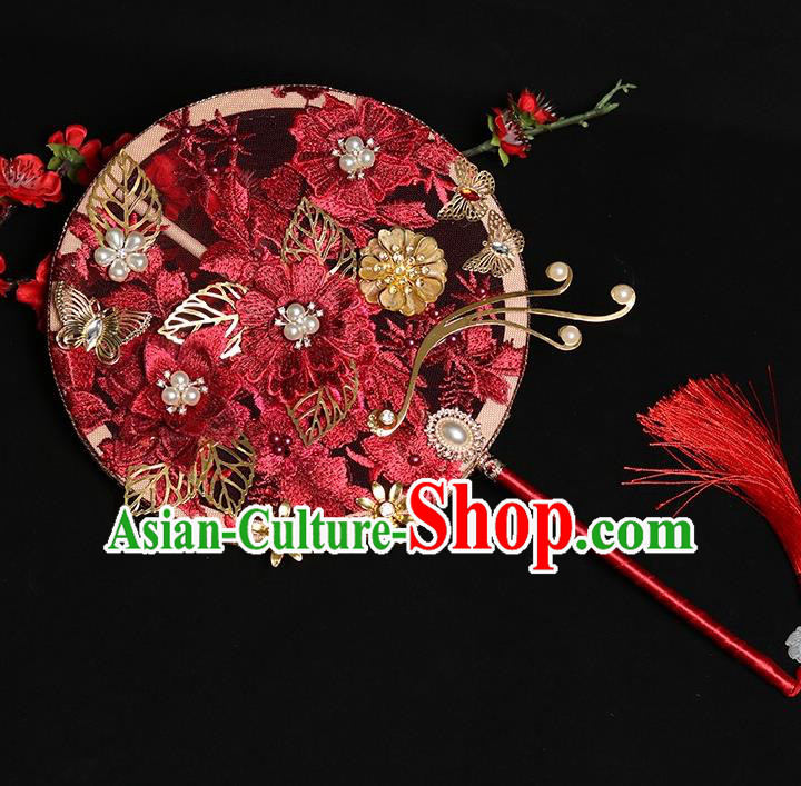 Chinese Handmade Bride Prop Traditional Hanfu Fan Ancient Wedding Round Fan Red Embroidered Palace Fan