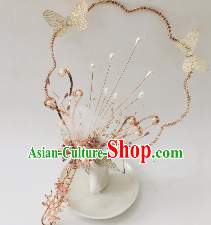 Chinese Ancient Wedding Round Fan Golden Butterfly Palace Fan Handmade Bride Prop Traditional Hanfu Fan