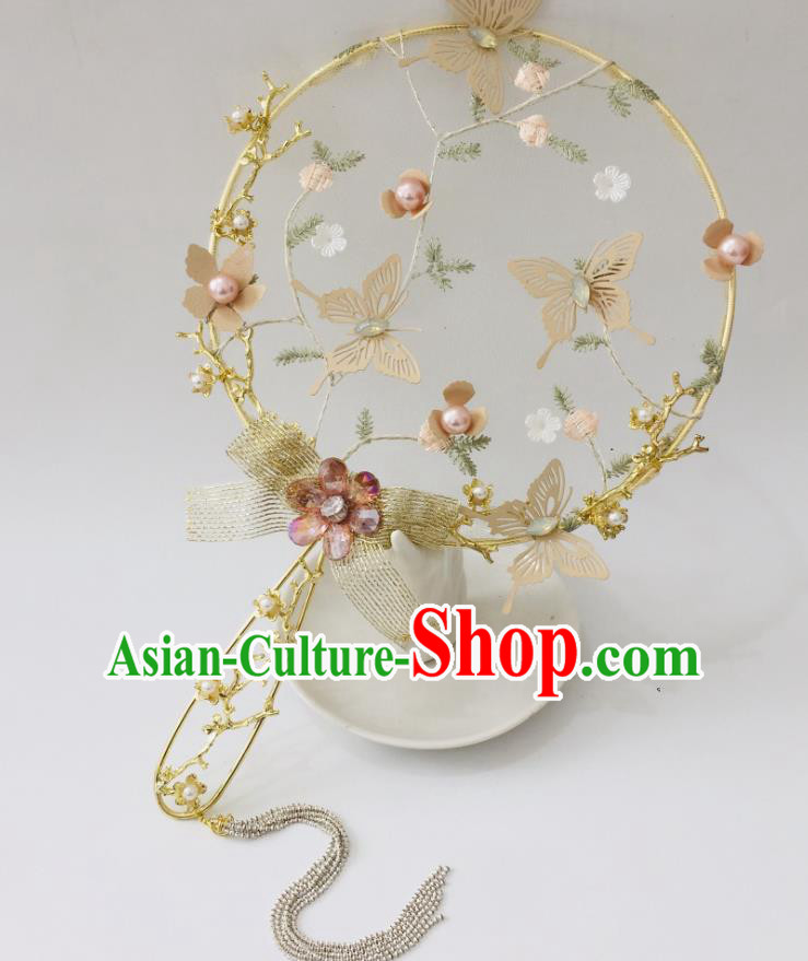 Chinese Ancient Wedding Bowknot Round Fan Palace Fan Handmade Bride Prop Traditional Golden Butterfly Hanfu Fan