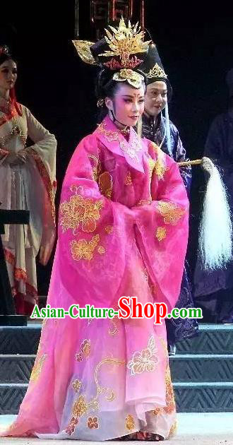 Chinese Han Opera Imperial Consort Garment Costumes and Headdress You Meng Yi Guan Traditional Hubei Hanchu Opera Hua Tan Apparels Court Lady Pink Dress