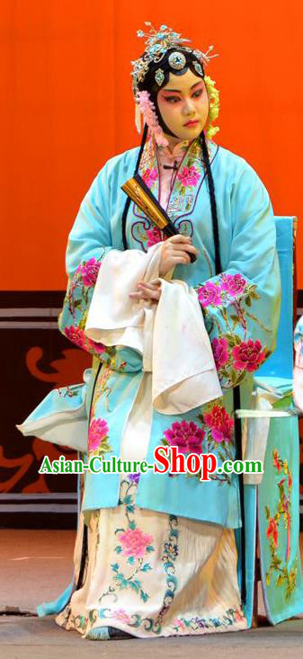 Chinese Han Opera Rich Lady Garment Huang Guiying Costumes and Headdress Traditional Hubei Hanchu Opera Hua Tan Apparels Young Beauty Blue Dress