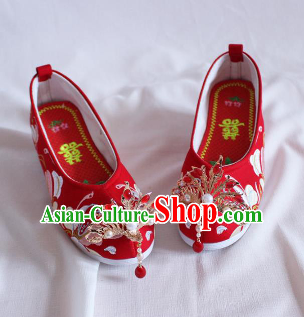 Chinese Traditional Handmade Wedding Red Satin Shoes Women Hanfu Shoes Ancient Princess Phoenix Head Shoes Embroidered Shoes