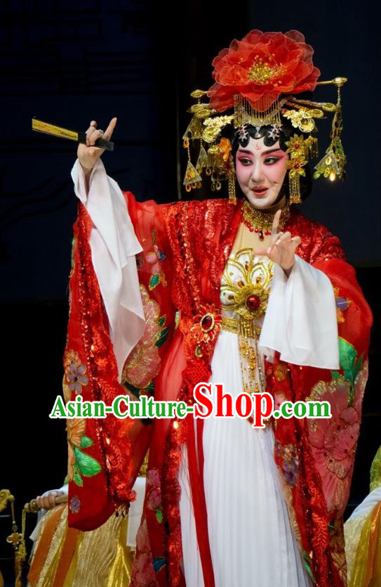 Chinese Han Opera Imperial Concubine Garment Ni Chang Chang Ge Costumes and Headdress Traditional Hubei Hanchu Opera Hua Tan Apparels Diva Yang Yuhuan Red Dress