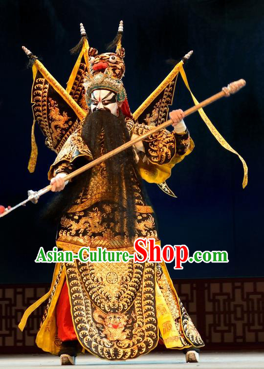 Chinese Hubei Hanchu Opera General Apparels Costumes and Headpieces Traditional Han Opera Jing Garment Tian Ying Kao Clothing with Flags