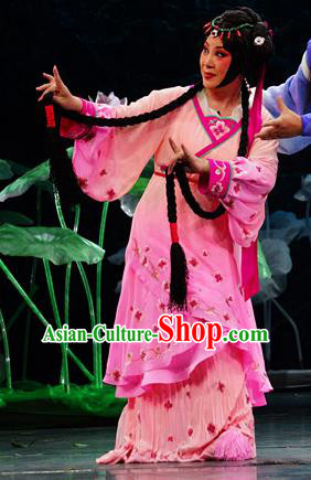 Chinese Han Opera Village Girl Garment Legend of Meng Jiangnv Costumes and Headdress Traditional Hubei Hanchu Opera Country Lady Apparels Actress Dress