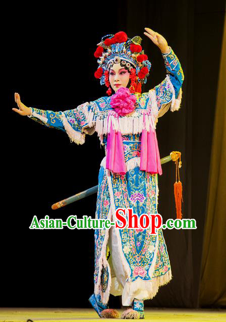 Chinese Han Opera Martial Woman Garment Hu Jia Zhuang Costumes and Headdress Traditional Hubei Hanchu Opera Actress Apparels Female Swordsman Hu Sanniang Dress