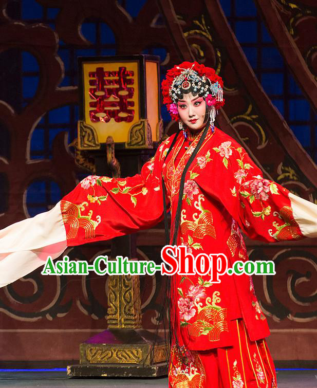 Chinese Han Opera Bride Garment Yu Zhou Feng Zhao Yanrong Costumes and Headdress Traditional Hubei Hanchu Opera Hua Tan Apparels Actress Red Dress