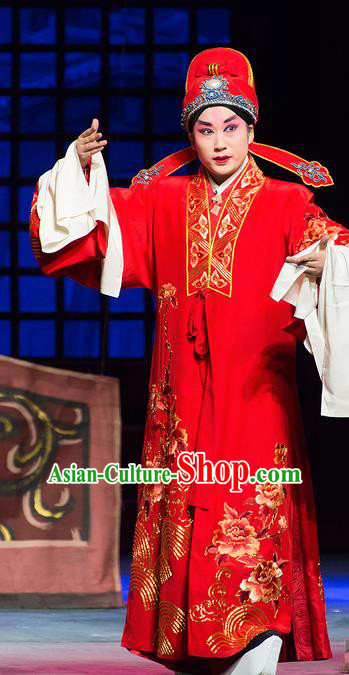 Yu Zhou Feng Chinese Hubei Hanchu Opera Xiaosheng Apparels Costumes and Headpieces Traditional Han Opera Young Male Garment Bridegroom Kuang Fu Clothing