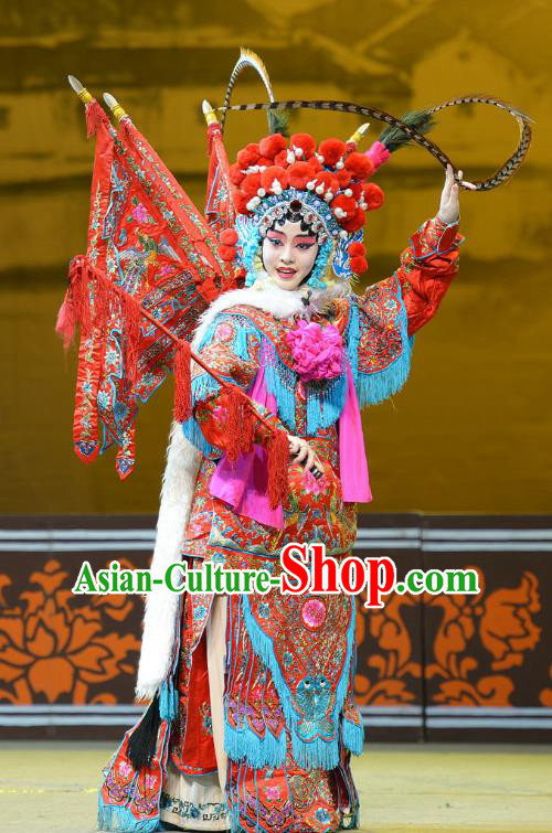 Chinese Han Opera Female General Garment Mu Ke Zhai Costumes and Headdress Traditional Hubei Hanchu Opera Tao Ma Tan Apparels Red Mu Guiying Kao Dress with Flags