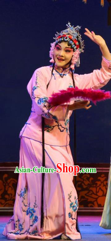 Chinese Han Opera Young Beauty Garment Hua Deng An Costumes and Headdress Traditional Hubei Hanchu Opera Actress Apparels Diva Chen Caifeng Pink Dress