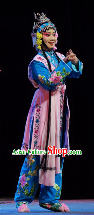 Chinese Han Opera Xiaodan Garment Hua Deng An Costumes and Headdress Traditional Hubei Hanchu Opera Maid Lady Apparels Servant Girl Dress