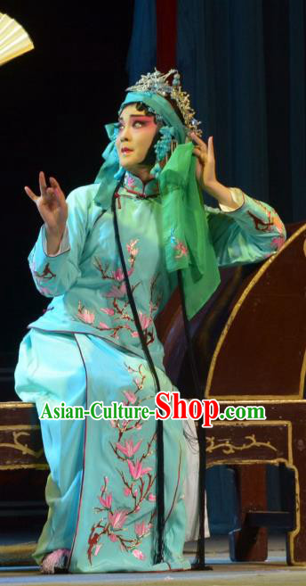 Chinese Han Opera Actress Chen Caifeng Garment Hua Deng An Costumes and Headdress Traditional Hubei Hanchu Opera Hua Tan Apparels Young Beauty Green Dress