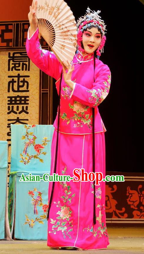 Chinese Han Opera Actress Garment Hua Deng An Costumes and Headdress Traditional Hubei Hanchu Opera Hua Tan Apparels Young Beauty Chen Caifeng Rosy Dress