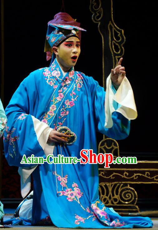 Hua Deng An Chinese Hubei Hanchu Opera Niche Apparels Costumes and Headpieces Traditional Han Opera Xiaosheng Garment Scholar Wang Daru Blue Robe Clothing