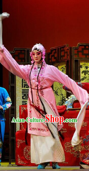 Chinese Han Opera Young Woman Pink Garment Chun Niang Qu Costumes and Headdress Traditional Hubei Hanchu Opera Actress Apparels Diva Wang Chunniang Dress