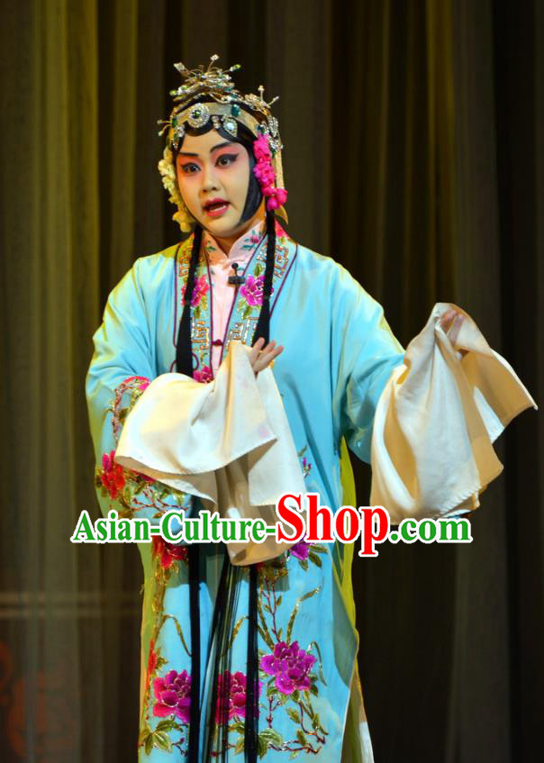 Chinese Han Opera Hua Tan Liu Yuyan Garment Hua Tian Ba Cuo Costumes and Headdress Traditional Hubei Hanchu Opera Young Beauty Apparels Diva Blue Dress