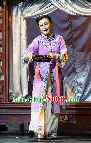 Chinese Han Opera Actress Garment Shi Niang Costumes and Headdress Traditional Hubei Hanchu Opera Young Woman Apparels Lilac Dress