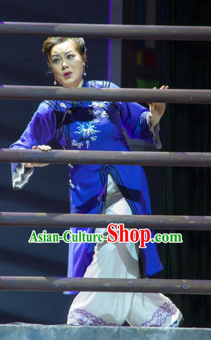 Chinese Han Opera Female Garment Shi Niang Costumes and Headdress Traditional Hubei Hanchu Opera Young Woman Apparels Blue Dress