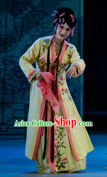 Chinese Han Opera Diva Pan Jinlian Garment Jin Lian Costumes and Headdress Traditional Hubei Hanchu Opera Young Female Apparels Hua Tan Yellow Dress