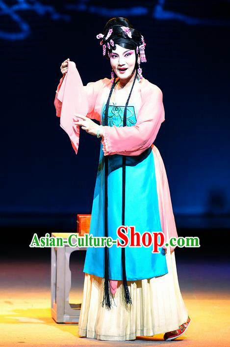 Chinese Han Opera Young Woman Pan Jinlian Garment Jin Lian Costumes and Headdress Traditional Hubei Hanchu Opera Actress Apparels Hua Tan Dress